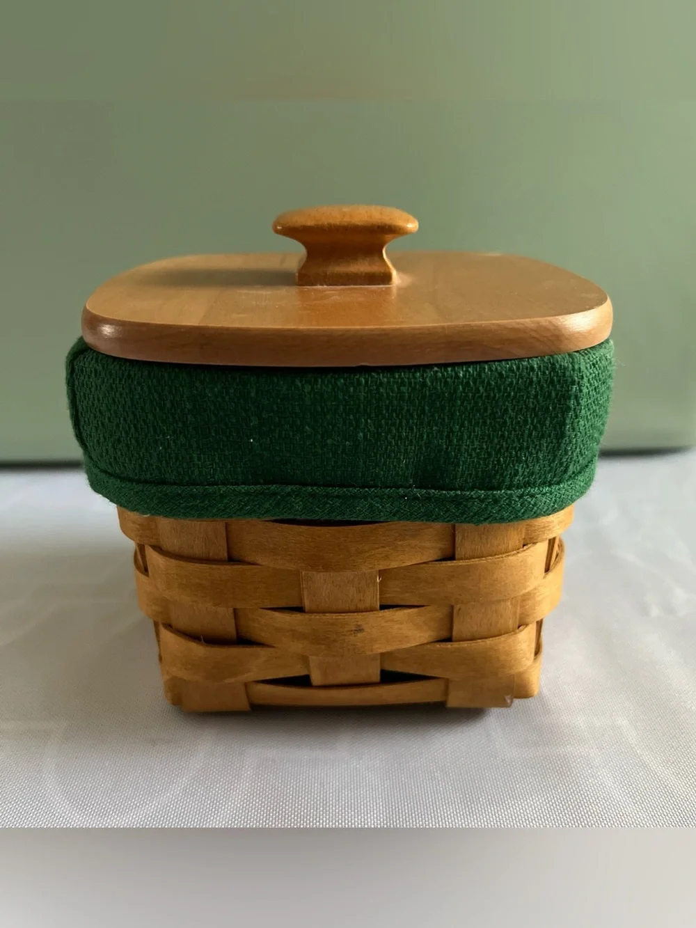 Longaberger TEASPOON Basket w/Hunter Green liner, plastic protector & lid #18432